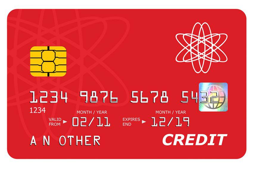 The front of a red credit card 