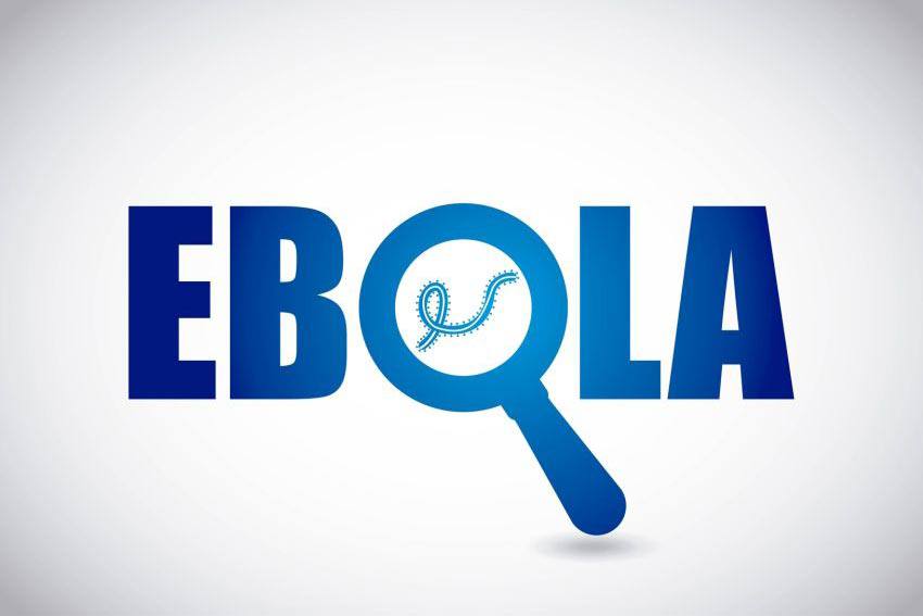 The word "EBOLA" but the O is a magnifying glass with a virus