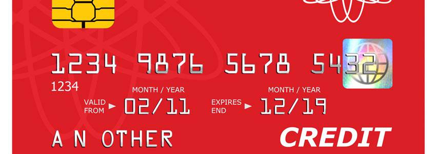 The front of a red credit card 