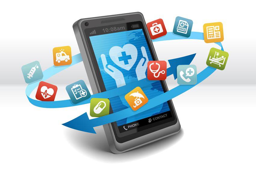 A cellphone with different health apps surrounding it
