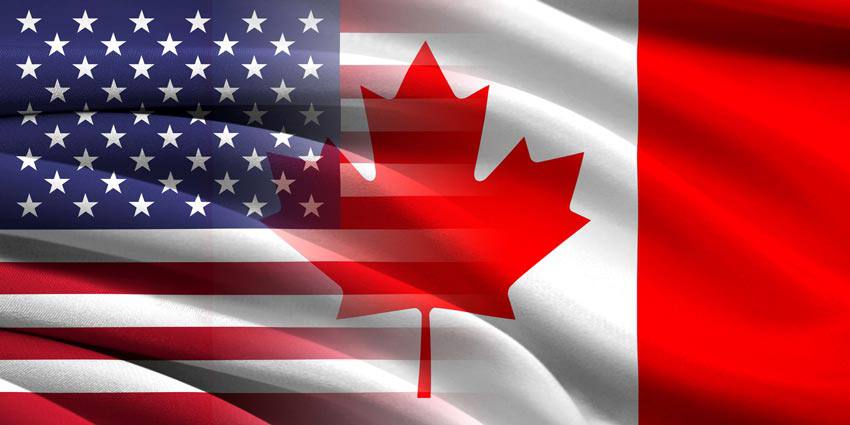 The flag of the United States blending with the flag of Canada