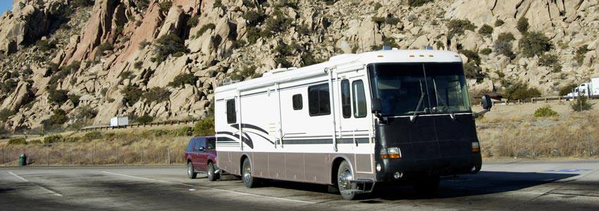 An RV truck traveling on the road
