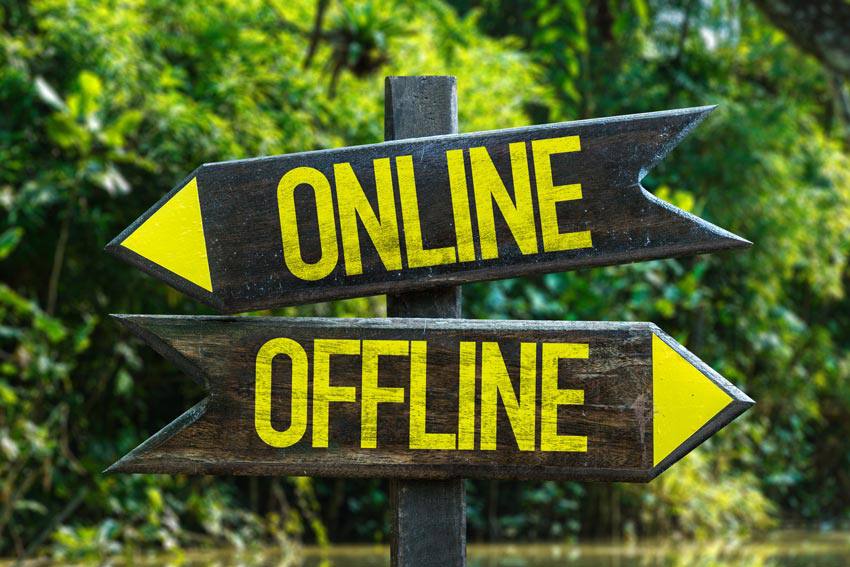 Two arrow signs with "Online" and "Offline" written on them