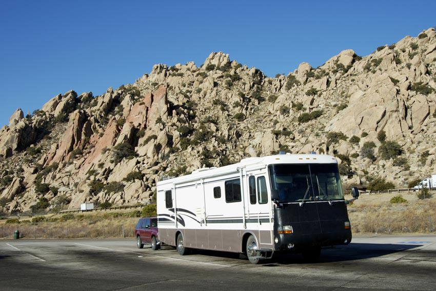 An RV truck traveling on the road